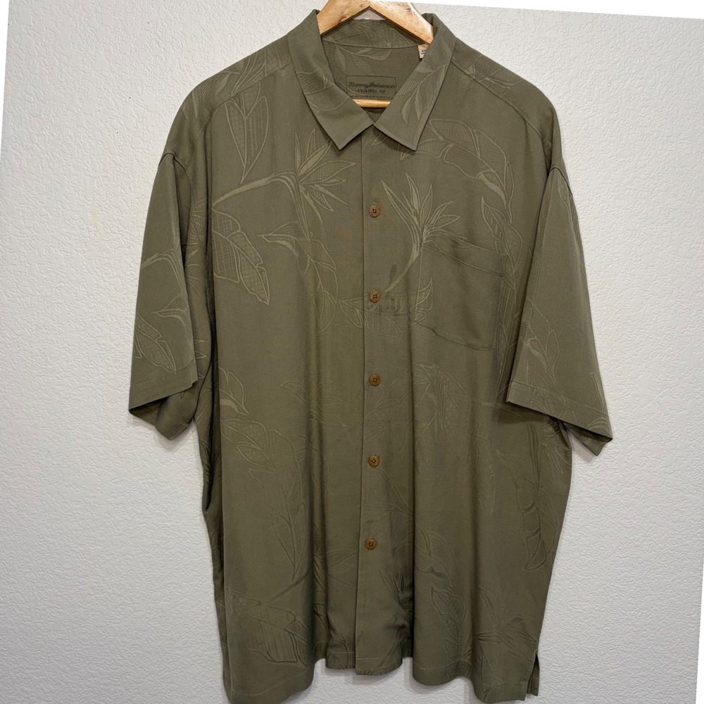 Tommy Bahama Mens XXL Olive Green 100% Silk Tropical Jacquard Camp ShirtOriginal